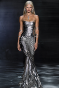 CHROME SCALES gown — chrome fish-scale mermaid silhouette with silver serpent arm cuffs